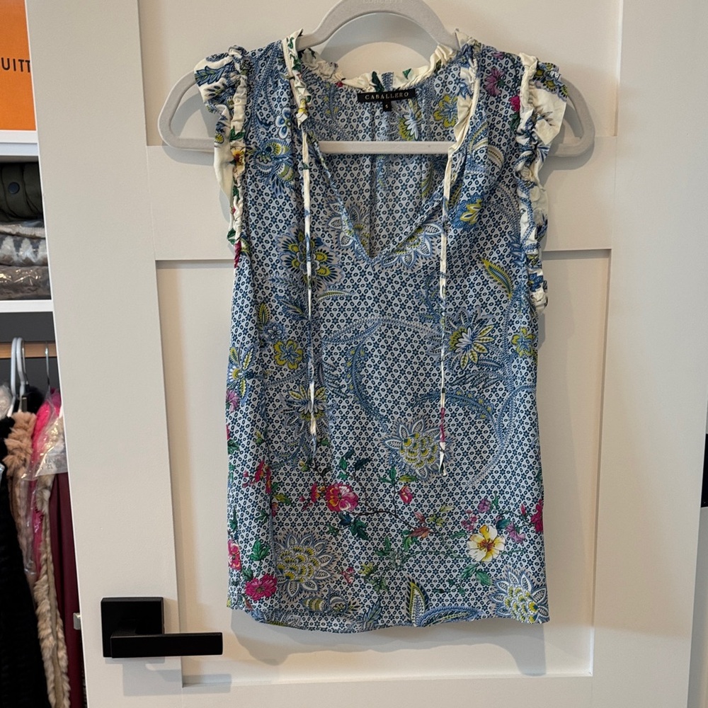 Elegant Blue Floral Ruffle Blouse